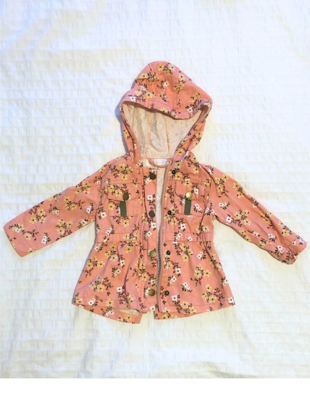 Nannette Baby 18 MO Pink Hooded zip up Floral Cotton Raincoat light Jacket